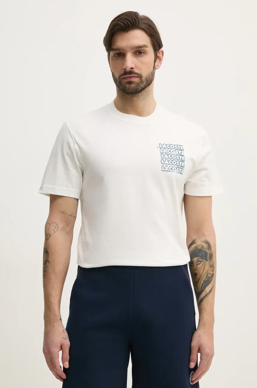 Lacoste tricou din bumbac barbati, culoarea alb, cu imprimeu, TH0288