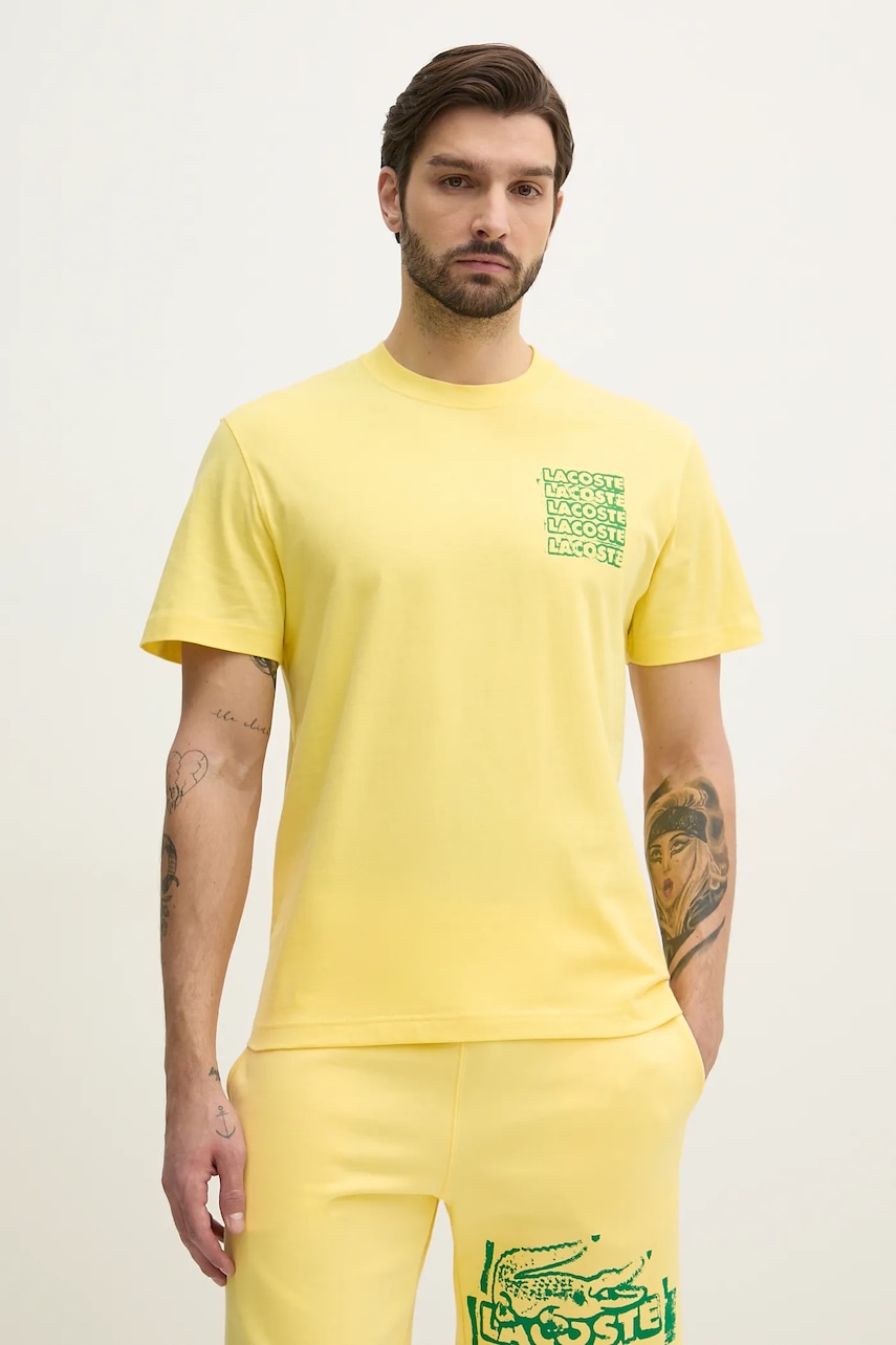 Lacoste tricou din bumbac barbati, culoarea galben, cu imprimeu, TH0288