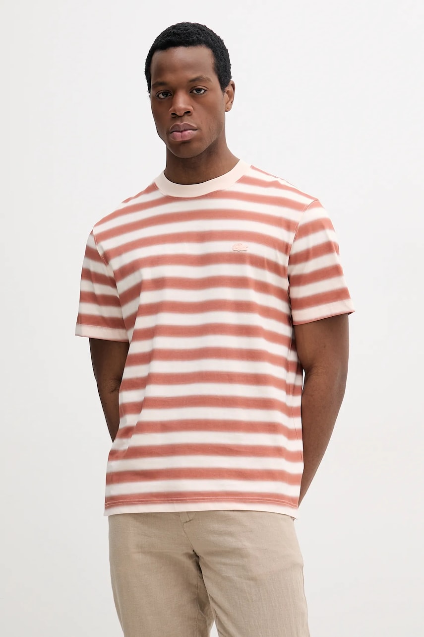 Lacoste tricou din bumbac bărbați, culoarea bej, cu imprimeu, TH0290