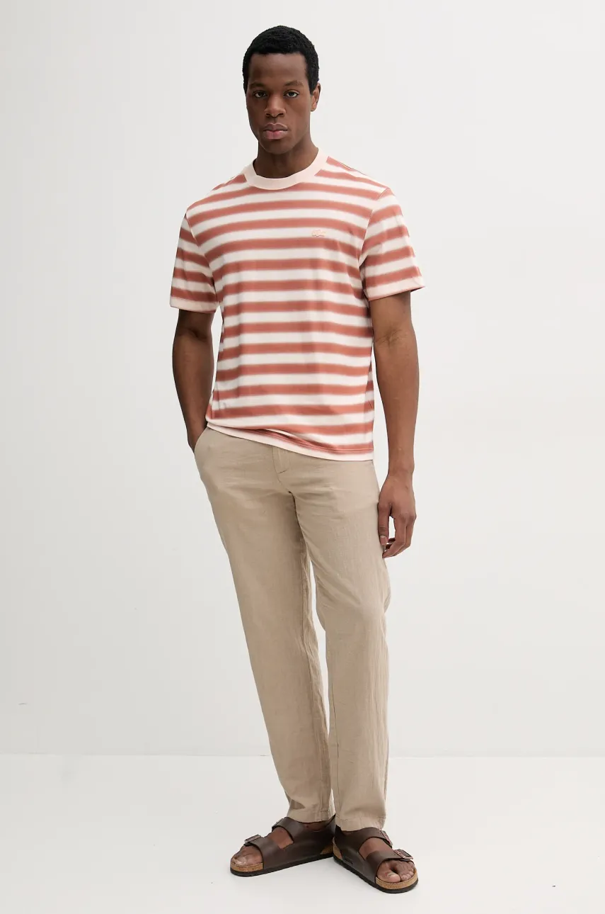 Хлопковая футболка Lacoste мужская цвет бежевый узорная TH0290 Хлопковая футболка Lacoste мужская цвет бежевый узорная TH0290