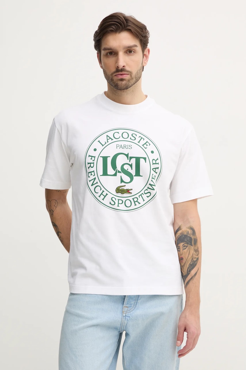 Lacoste tricou din bumbac barbati, culoarea bej, cu imprimeu, TH2753
