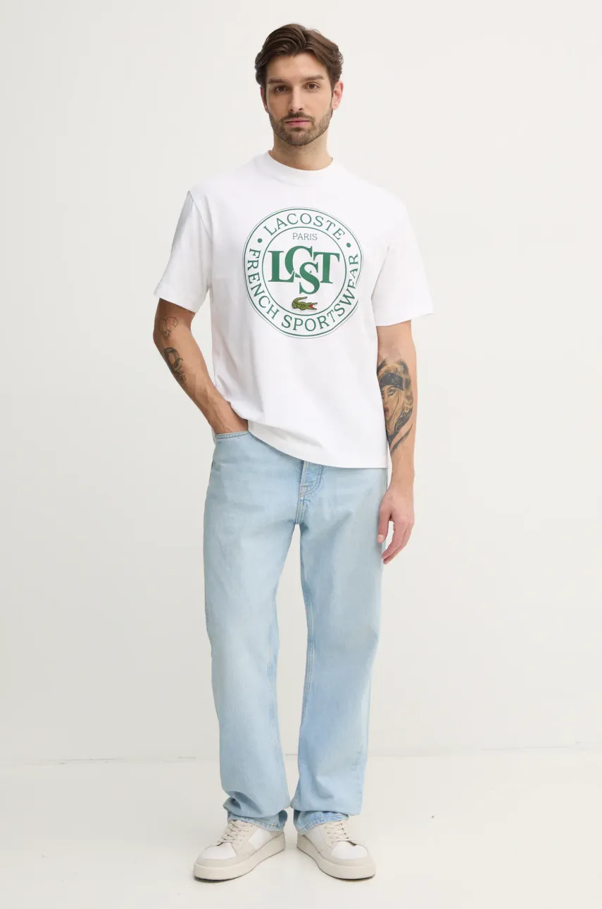 Хлопковая футболка Lacoste мужская цвет бежевый с принтом TH2753 Хлопковая футболка Lacoste мужская цвет бежевый с принтом TH2753
