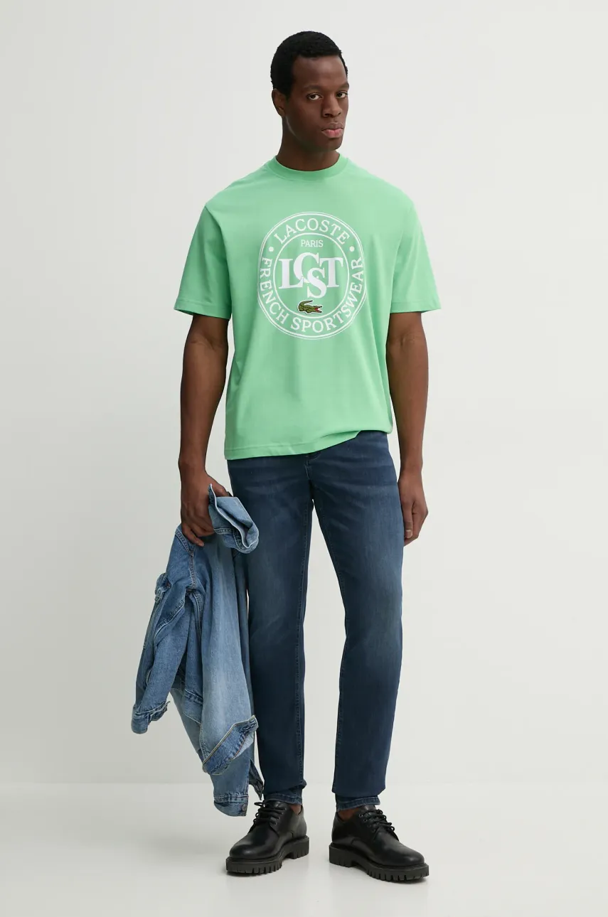 Хлопковая футболка Lacoste мужская цвет зелёный с принтом TH2753 Хлопковая футболка Lacoste мужская цвет зелёный с принтом TH2753
