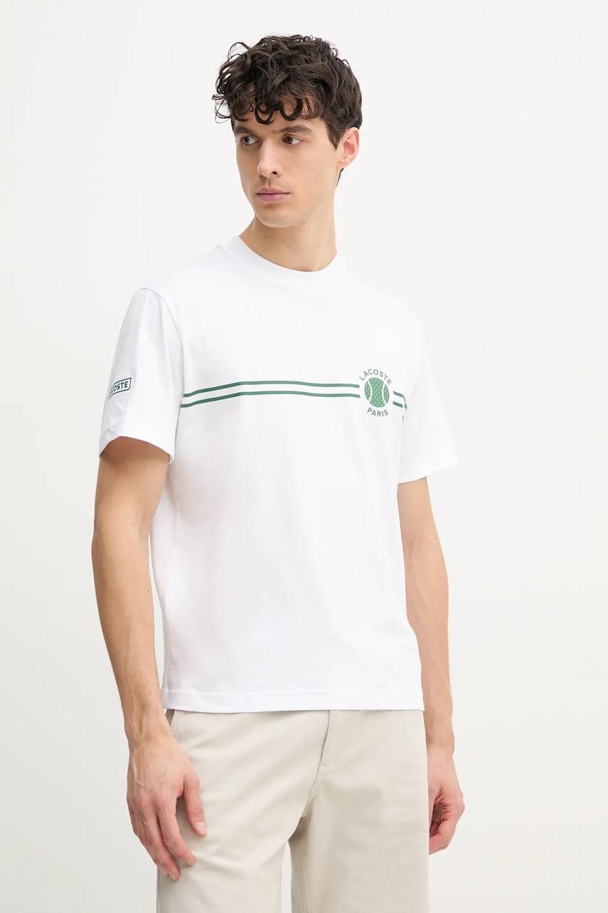 Lacoste tricou din bumbac barbati, culoarea alb, cu imprimeu, TH9694 Lacoste tricou din bumbac barbati, culoarea alb, cu imprimeu, TH9694
