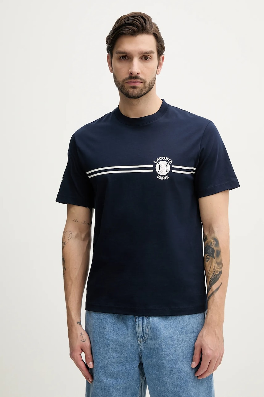 Lacoste tricou din bumbac barbati, culoarea albastru marin, cu imprimeu, TH9694 Lacoste tricou din bumbac barbati, culoarea albastru marin, cu imprimeu, TH9694