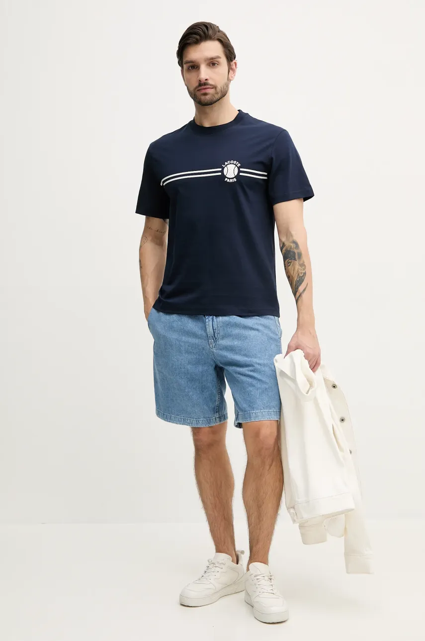 Хлопковая футболка Lacoste мужская цвет синий с принтом TH9694 Хлопковая футболка Lacoste мужская цвет синий с принтом TH9694