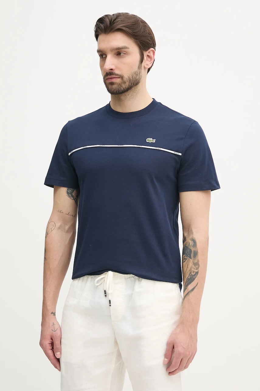 Lacoste tricou din bumbac barbati, culoarea albastru marin, neted, TH9842 Lacoste tricou din bumbac barbati, culoarea albastru marin, neted, TH9842