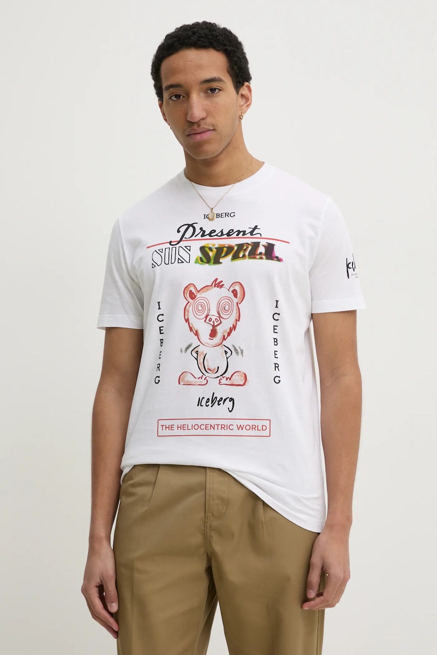 Iceberg tricou din bumbac barbati, culoarea alb, cu imprimeu, F02B 6325 Iceberg tricou din bumbac barbati, culoarea alb, cu imprimeu, F02B 6325