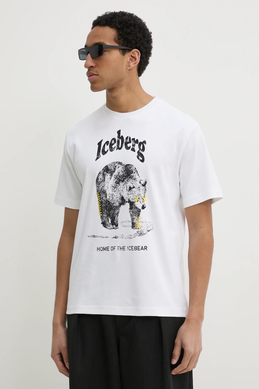 Iceberg tricou din bumbac barbati, culoarea alb, cu imprimeu, F025 6307 Iceberg tricou din bumbac barbati, culoarea alb, cu imprimeu, F025 6307