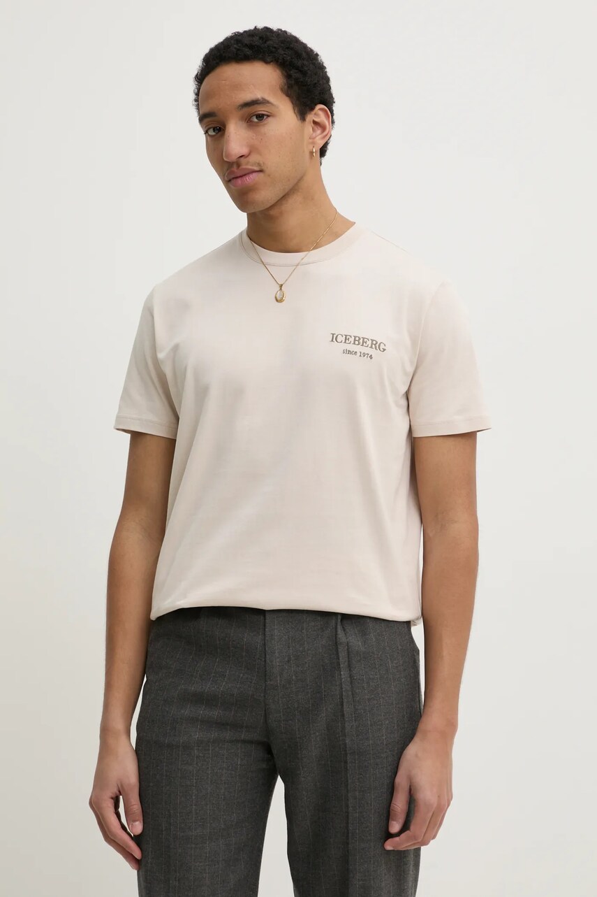 Iceberg tricou din bumbac barbati, culoarea bej, cu imprimeu, F046 6327