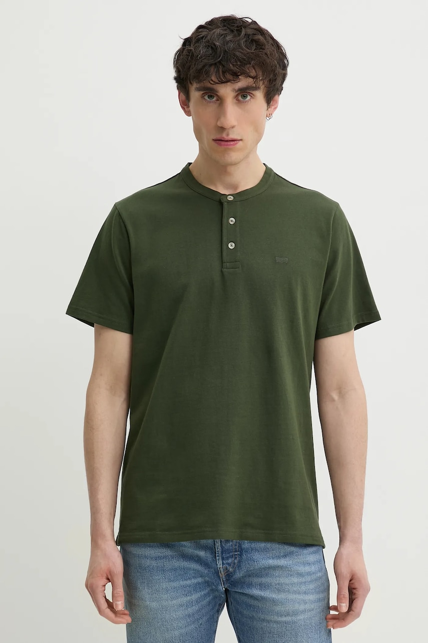 Levi's tricou din bumbac SS HM HENLEY bărbați, culoarea verde, uni, A8602 Levi's tricou din bumbac SS HM HENLEY bărbați, culoarea verde, uni, A8602
