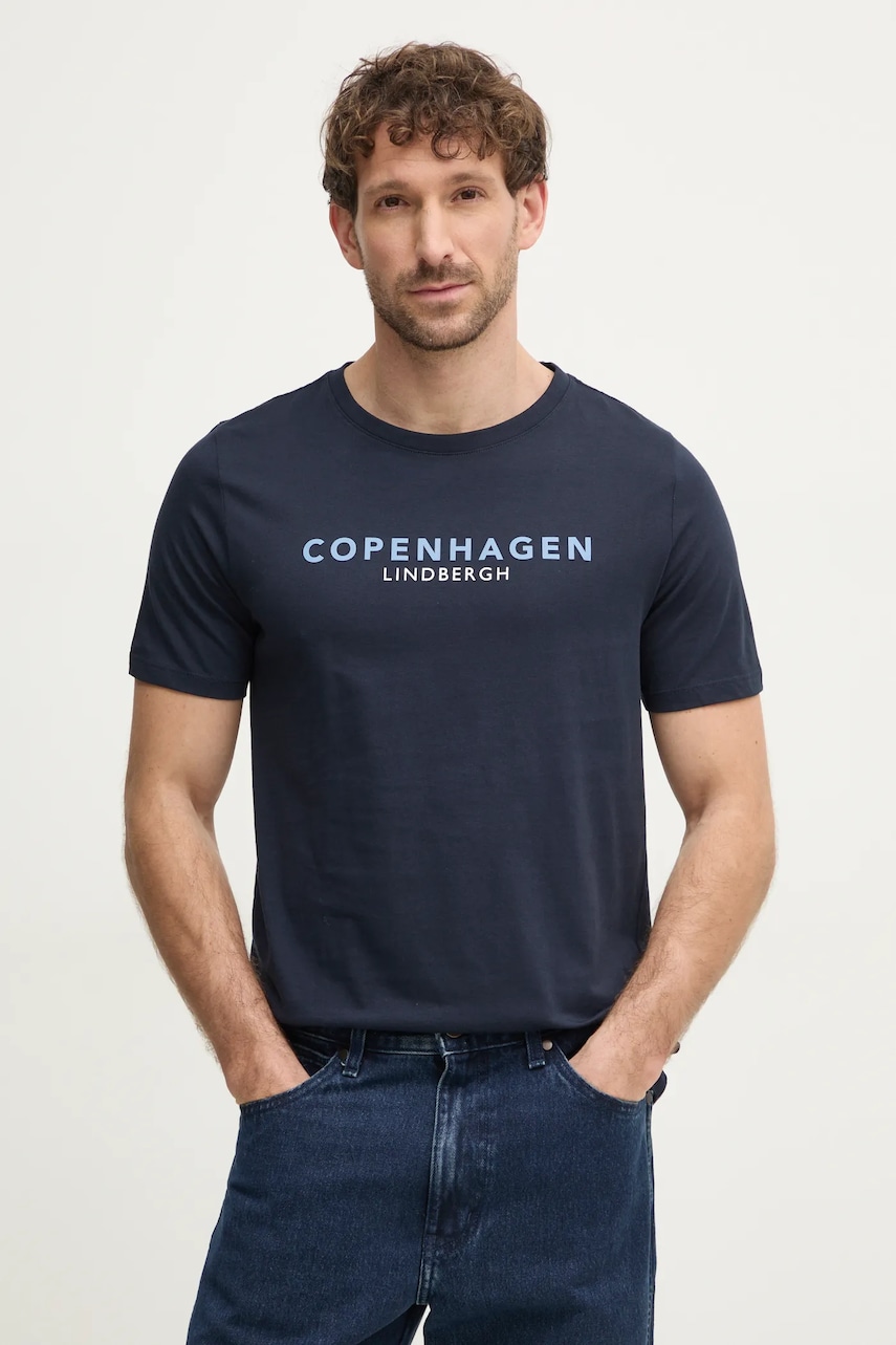 Lindbergh tricou din bumbac barbati, culoarea albastru marin, cu imprimeu, 30-400200