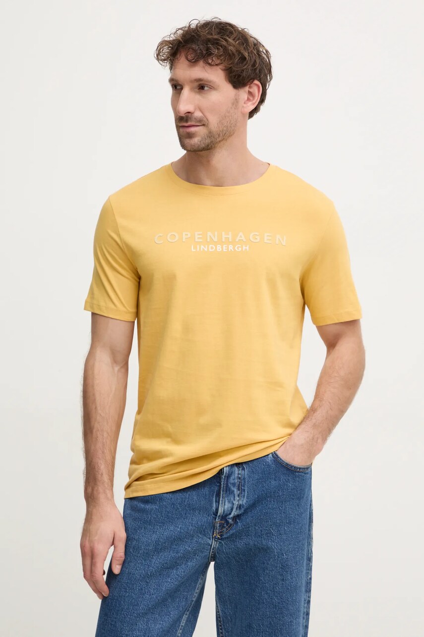 Lindbergh tricou din bumbac barbati, culoarea galben, cu imprimeu, 30-400200