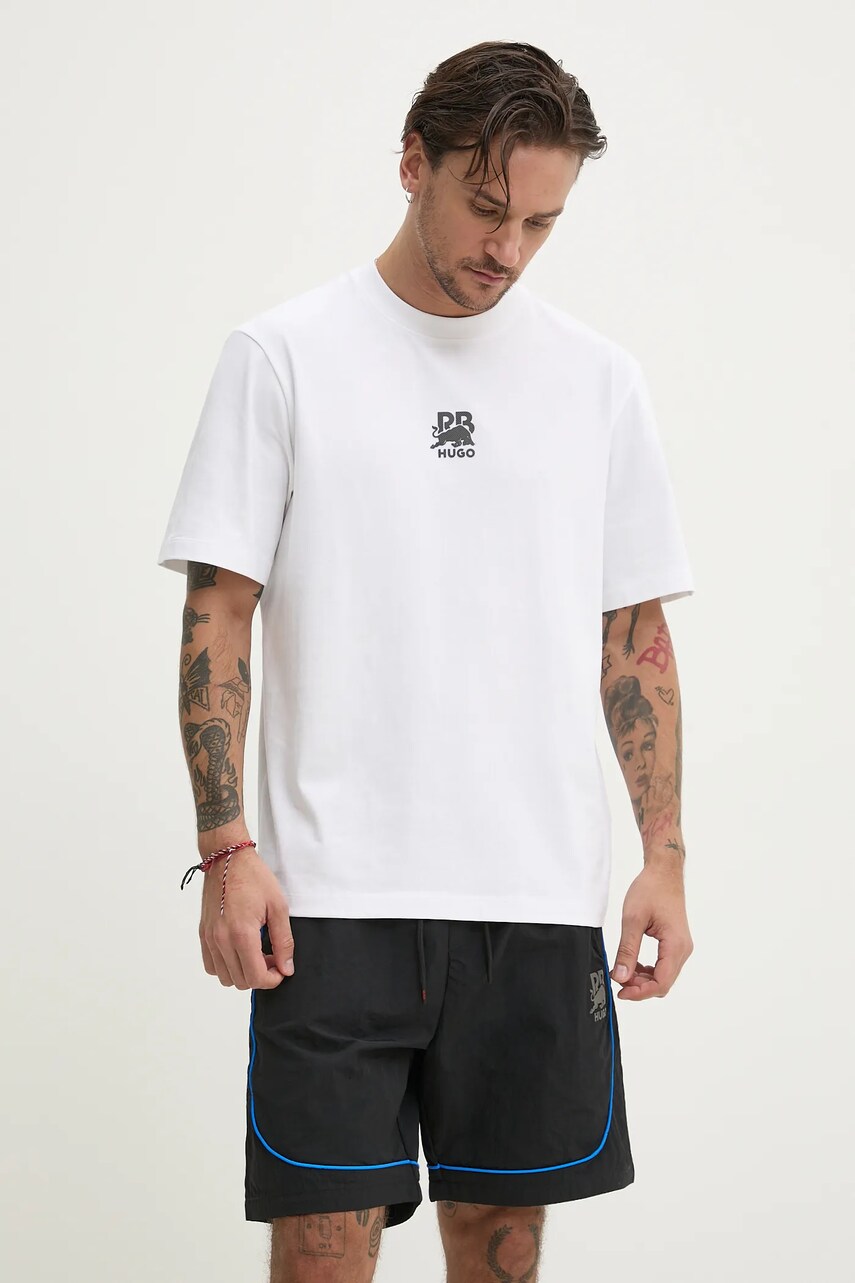 HUGO tricou din bumbac x RACING BULLS barbati, culoarea alb, cu imprimeu, 50542766