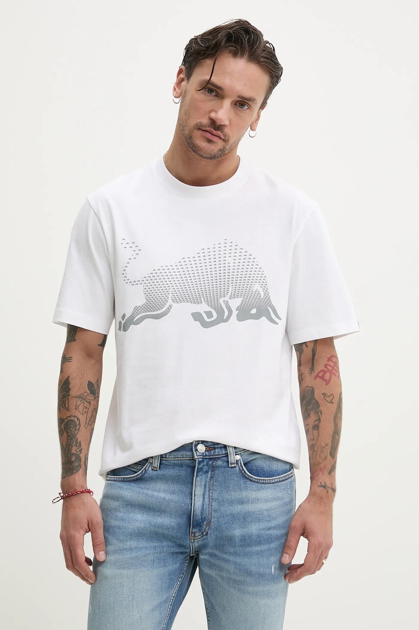 HUGO tricou din bumbac x RACING BULLS bărbați, culoarea alb, cu imprimeu, 50542775