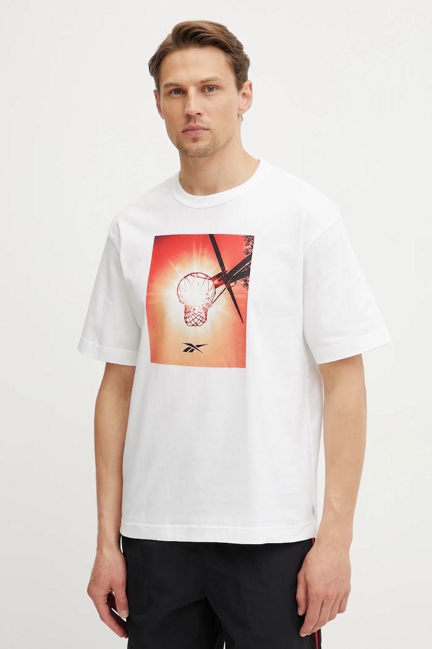 Reebok Classic tricou din bumbac barbati, culoarea alb, cu imprimeu, 100218826 Reebok Classic tricou din bumbac barbati, culoarea alb, cu imprimeu, 100218826