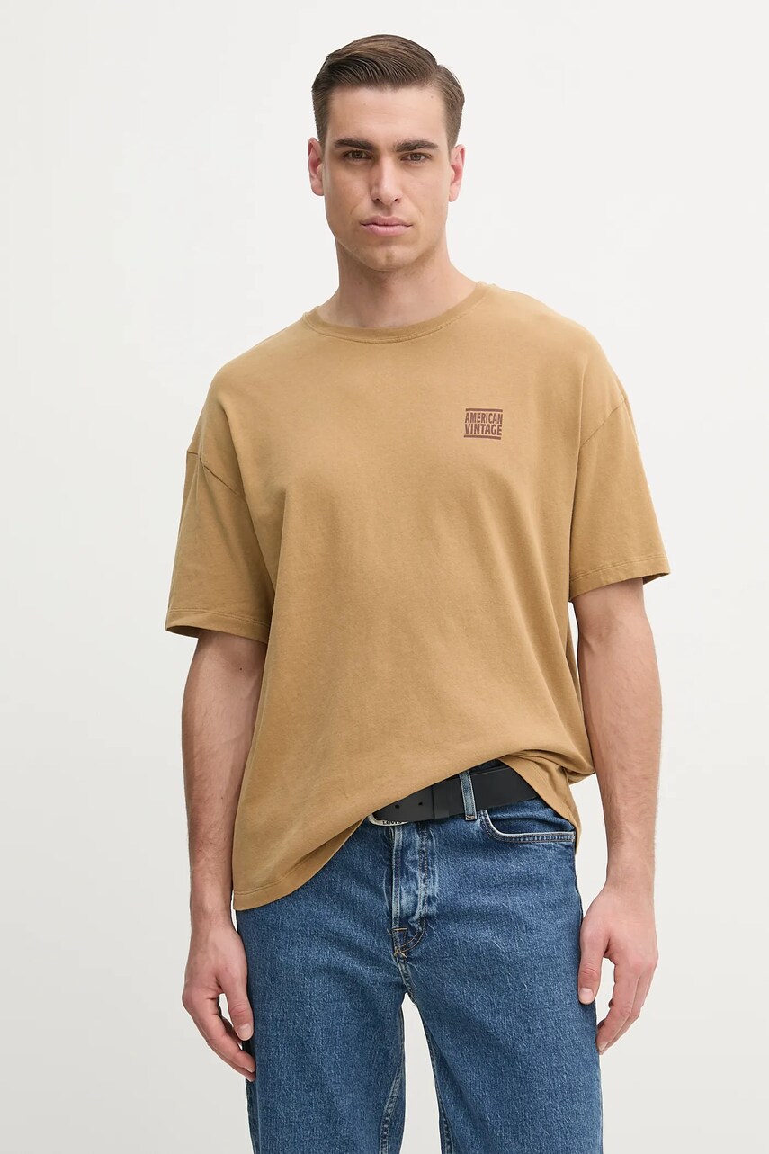 Levně Bavlněné tričko American Vintage hnědá barva, s potiskem, MYKO02AE25
