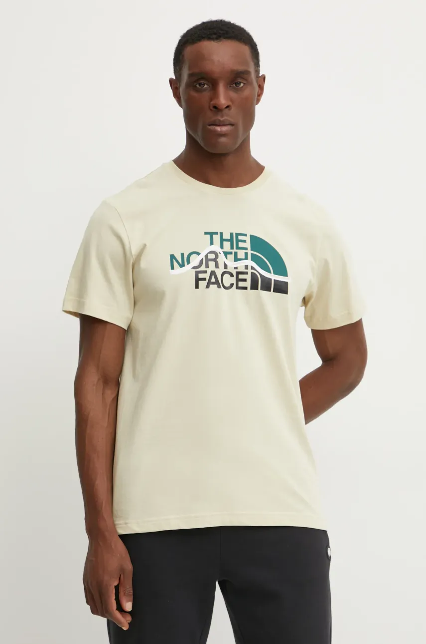 The North Face tricou din bumbac Mountain Line barbati, culoarea bej, cu imprimeu, NF0A87NT3X41