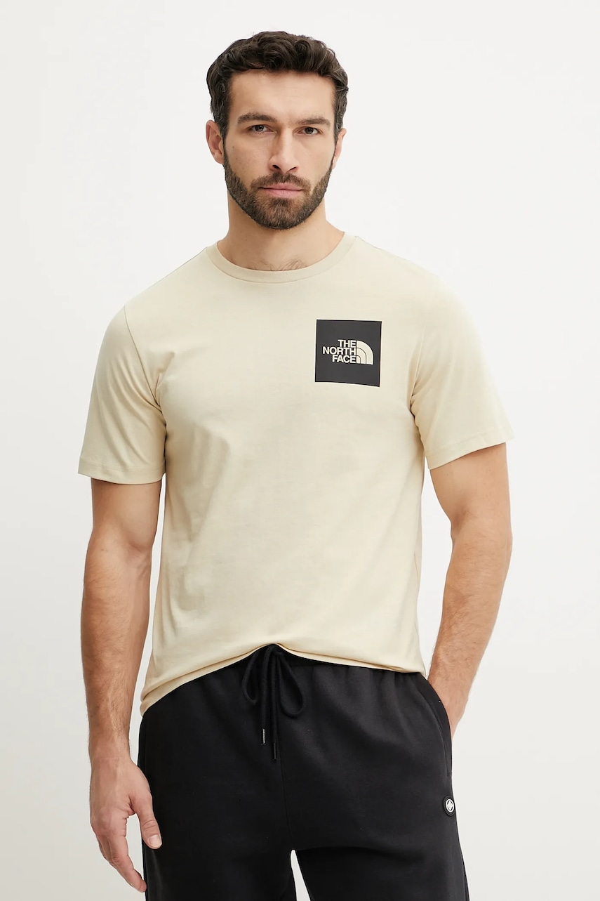 The North Face tricou Fine barbati, culoarea bej, cu imprimeu, NF0A8A6M3X41