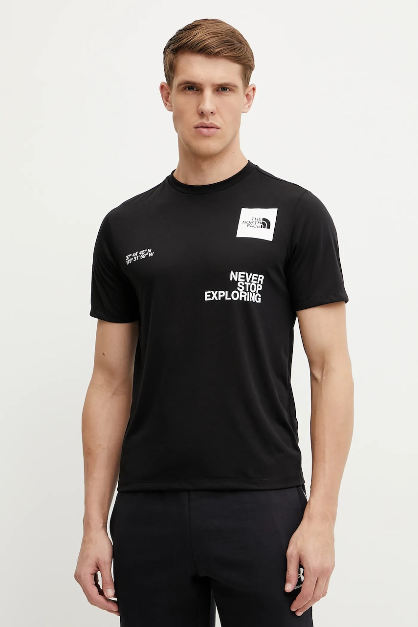 The North Face tricou sport Mountain Foundation culoarea negru, cu imprimeu, NF0A8BQXJK31