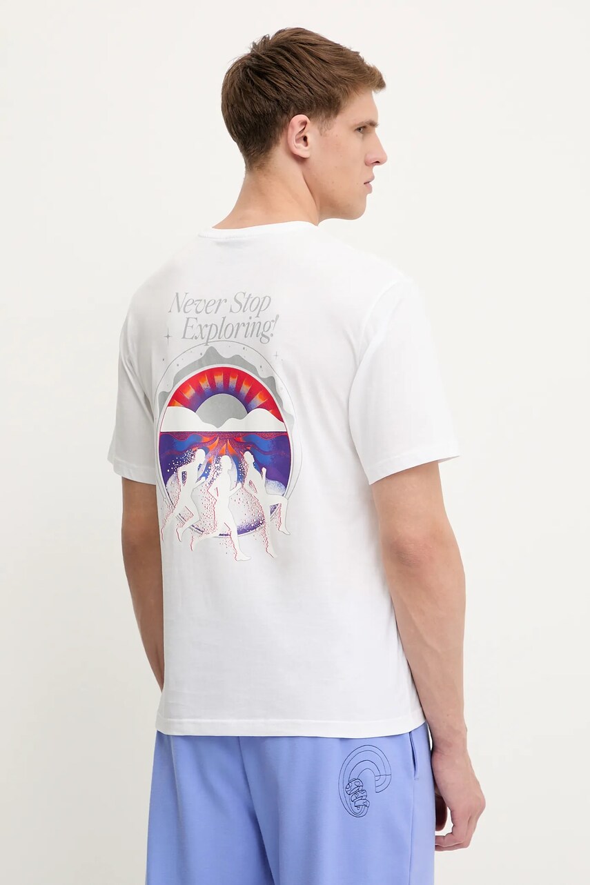 The North Face tricou din bumbac Never Stop Relaxed culoarea alb, cu imprimeu, NF0A8C3AFN41