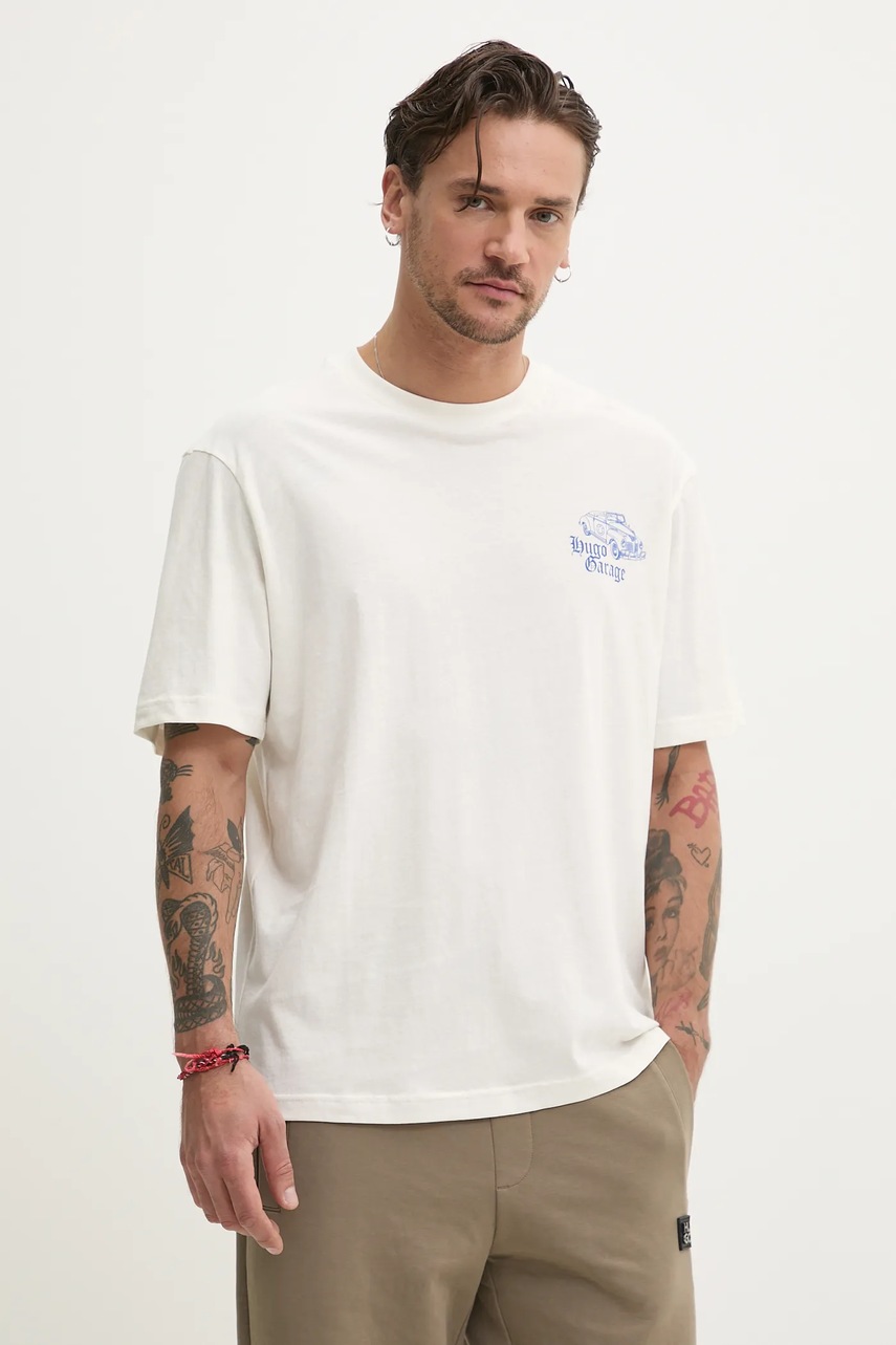 Hugo Blue tricou din bumbac barbati, culoarea bej, cu imprimeu, 50536104