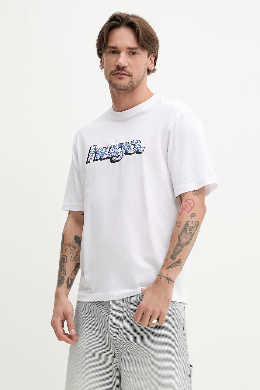 Hugo Blue tricou din bumbac bărbați, culoarea alb, cu imprimeu, 50542932