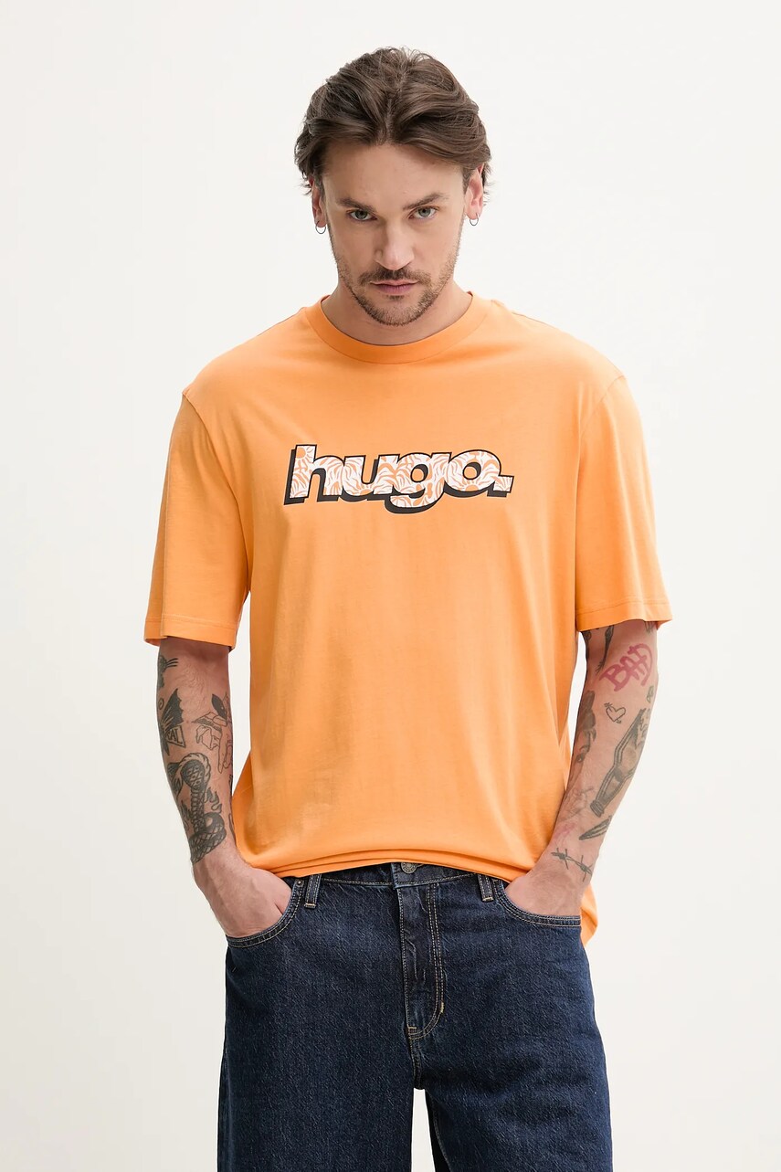 Hugo Blue tricou din bumbac bărbați, culoarea portocaliu, cu imprimeu, 50542932
