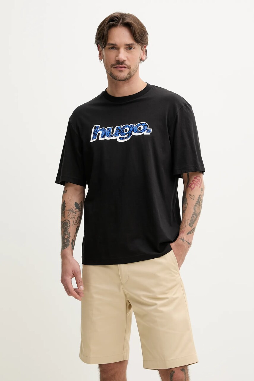 Hugo Blue tricou din bumbac barbati, culoarea negru, cu imprimeu, 50542932