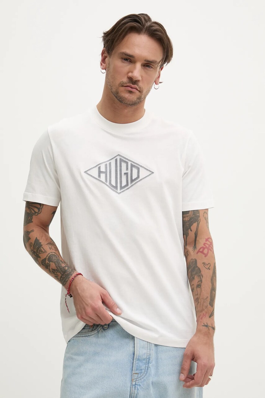 HUGO tricou din bumbac barbati, culoarea alb, cu imprimeu, 50534934