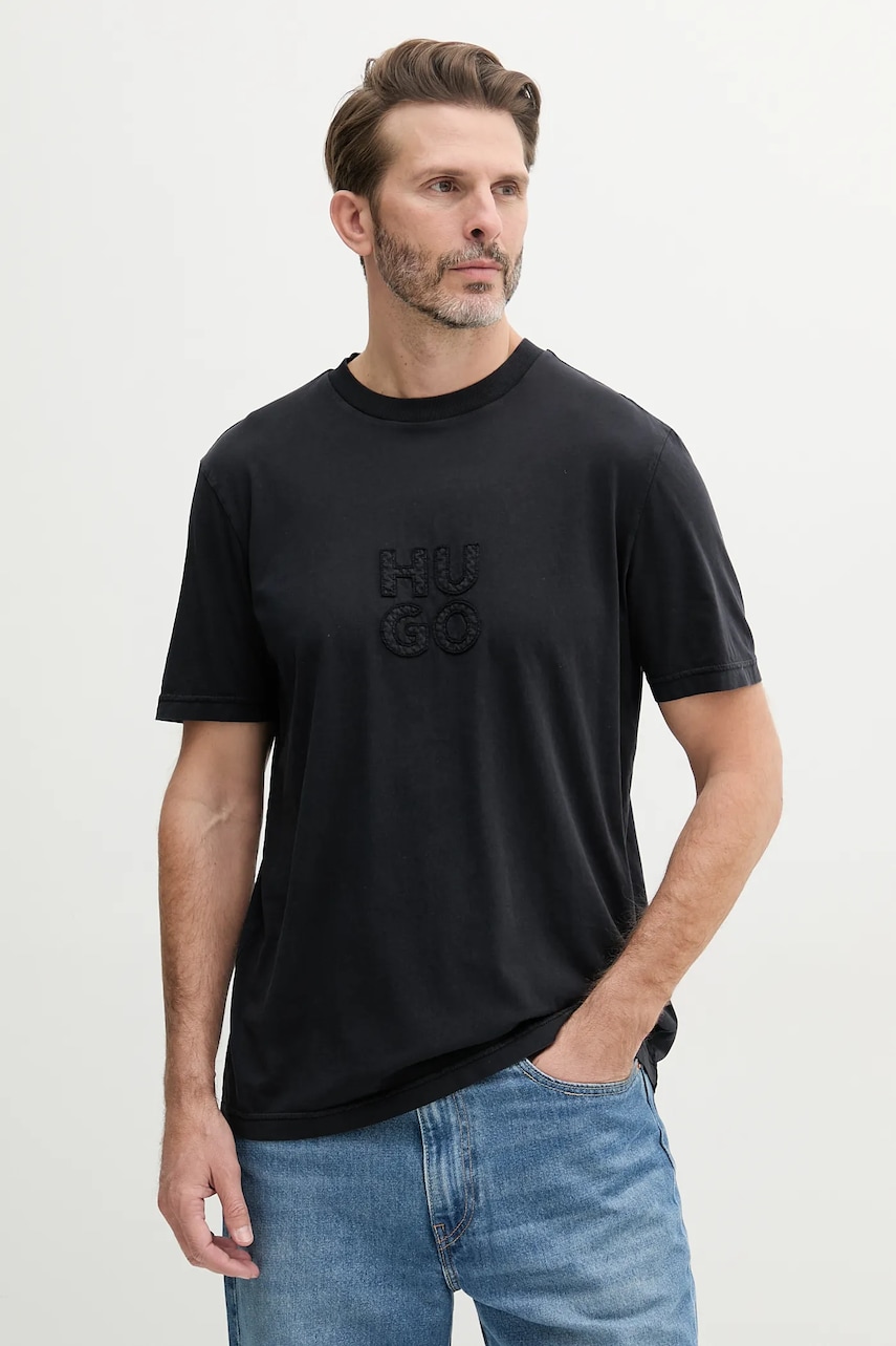 HUGO tricou din bumbac culoarea negru, cu imprimeu, 50535284