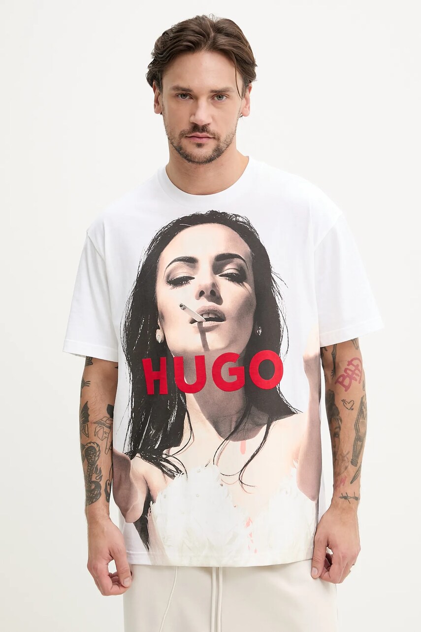 Levně Bavlněné tričko HUGO bílá barva, s potiskem, 50535314