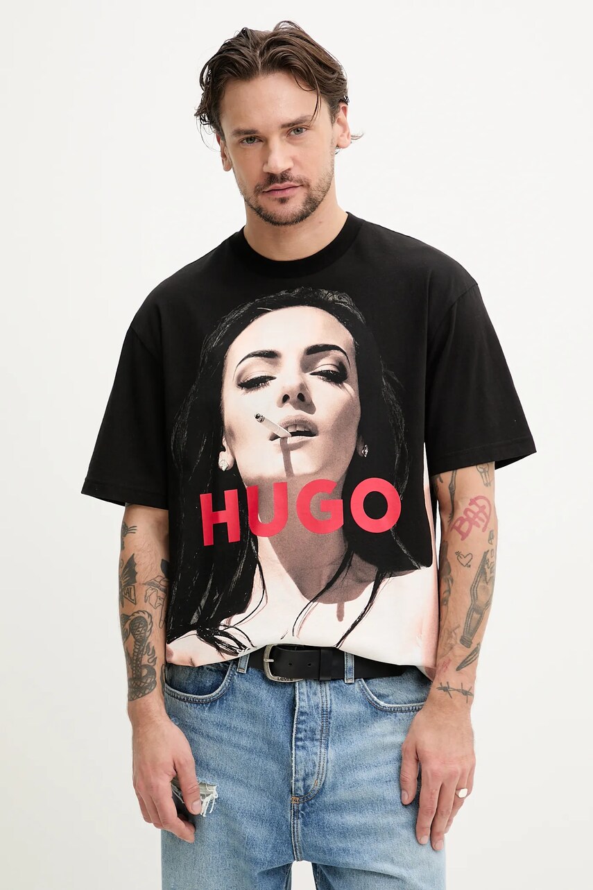 Levně Bavlněné tričko HUGO černá barva, s potiskem, 50535314