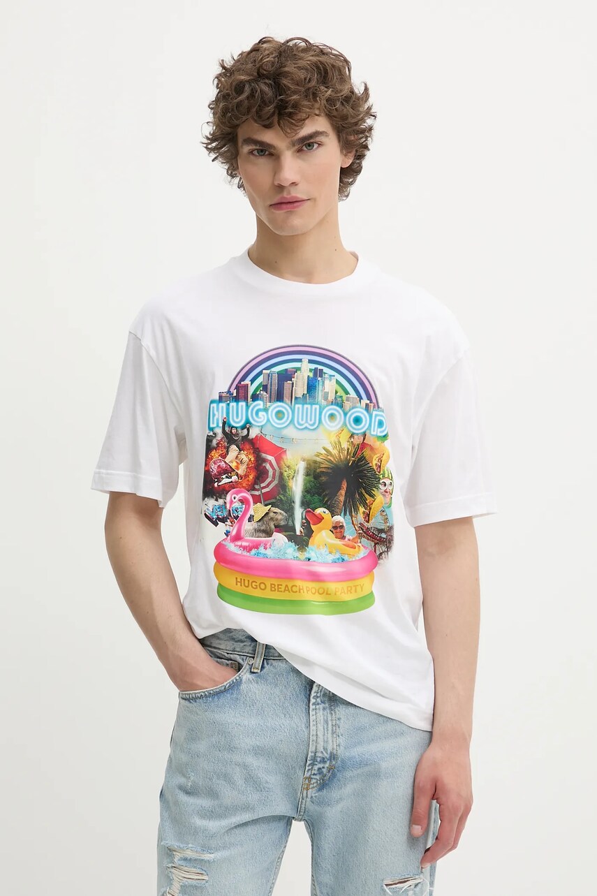 HUGO tricou din bumbac culoarea alb, cu imprimeu, 50538512