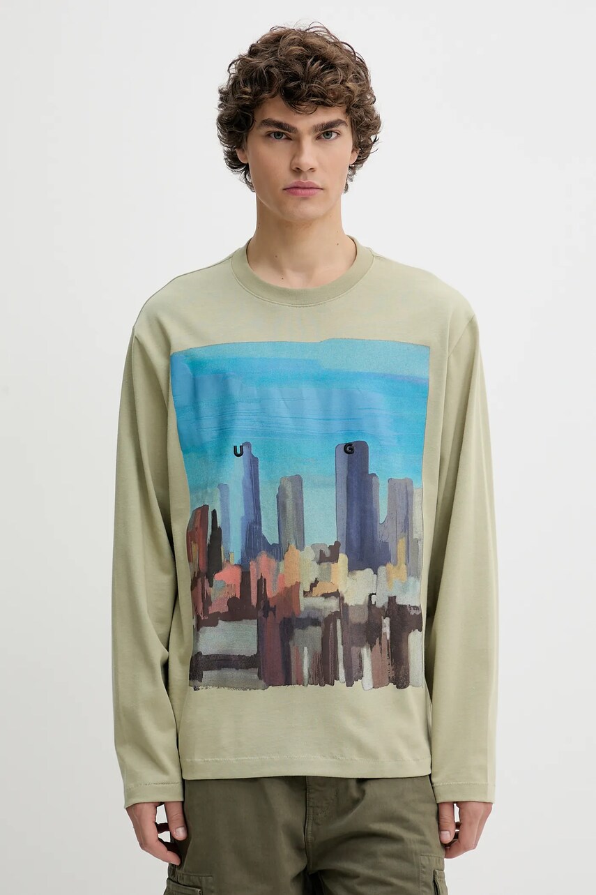 HUGO longsleeve din bumbac culoarea verde, cu imprimeu, 50539003