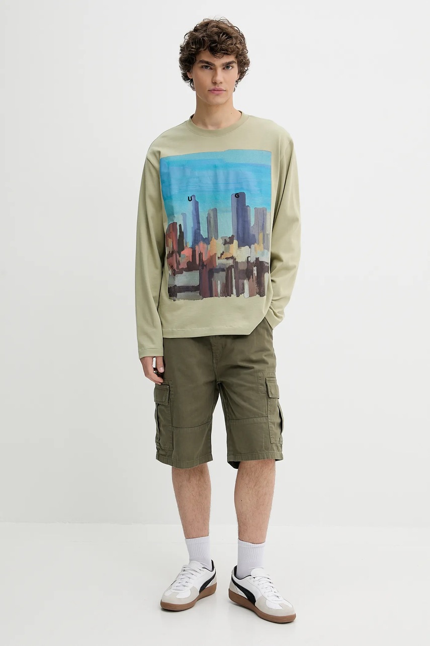 Хлопковый лонгслив HUGO цвет зелёный с принтом 50539003