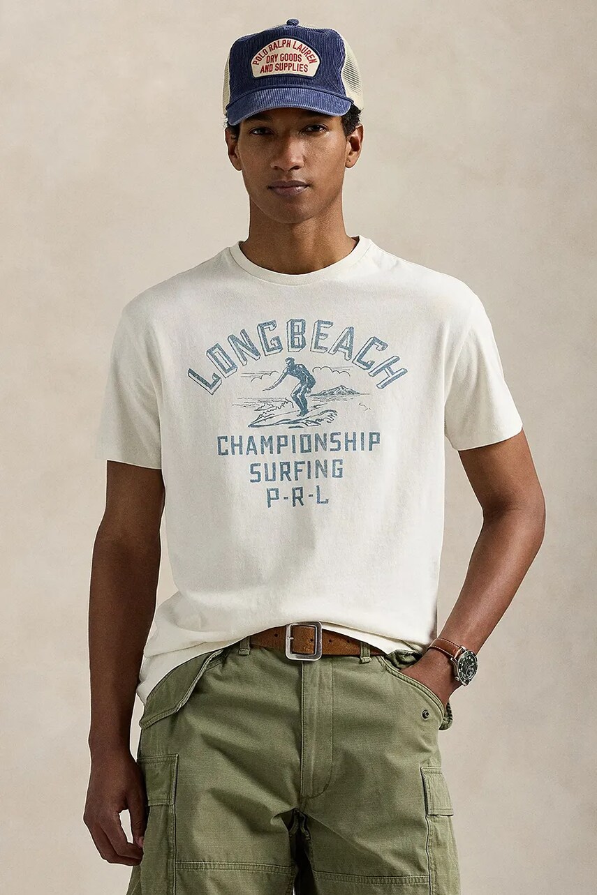 Levně Bavlněné tričko Polo Ralph Lauren pánské, bílá barva, s potiskem, 710966444
