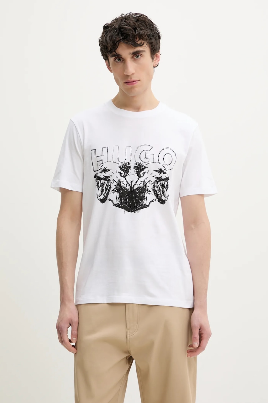 HUGO tricou din bumbac barbati, culoarea alb, cu imprimeu, 50538257