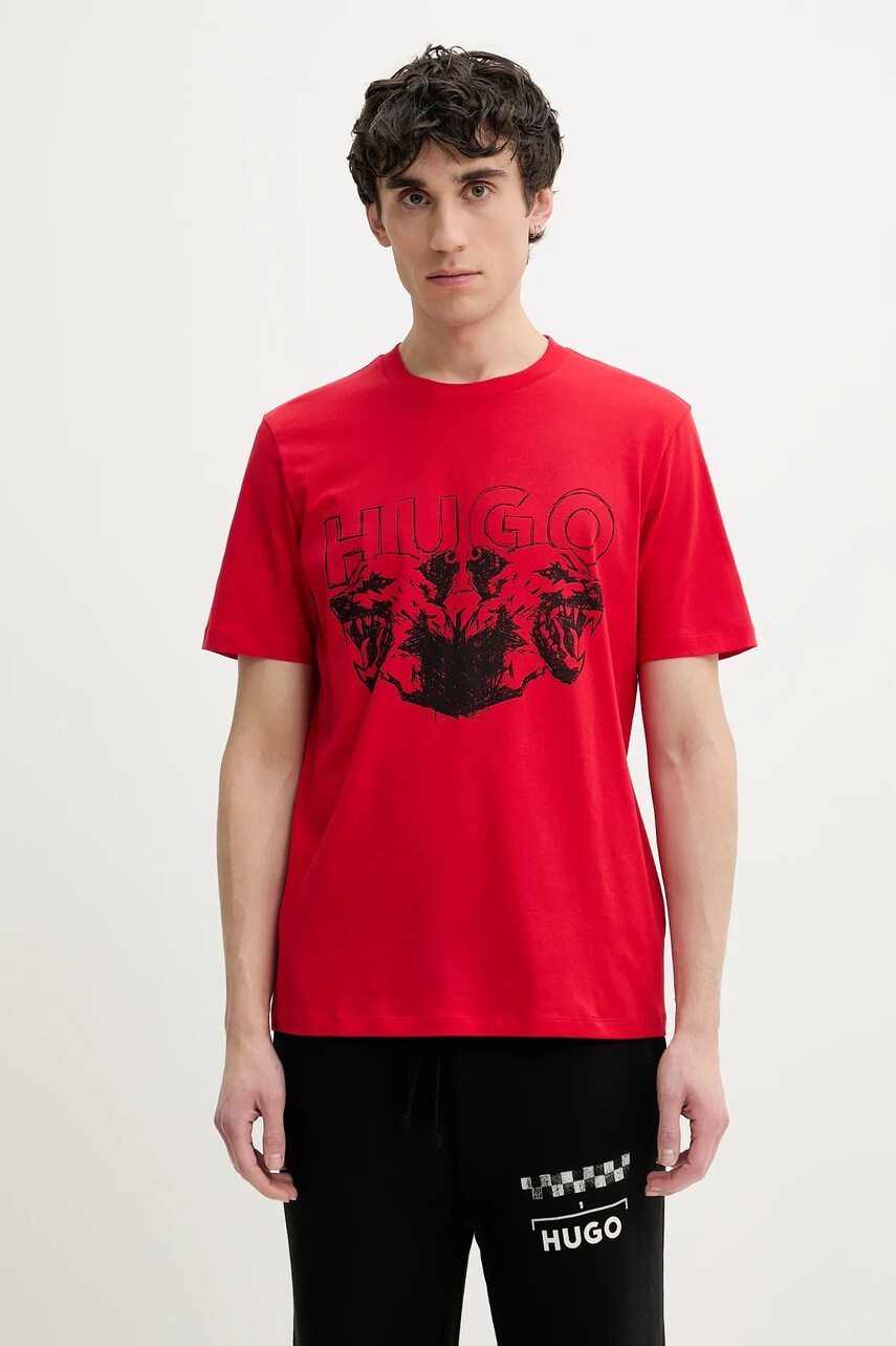 HUGO tricou din bumbac barbati, culoarea rosu, cu imprimeu, 50538257