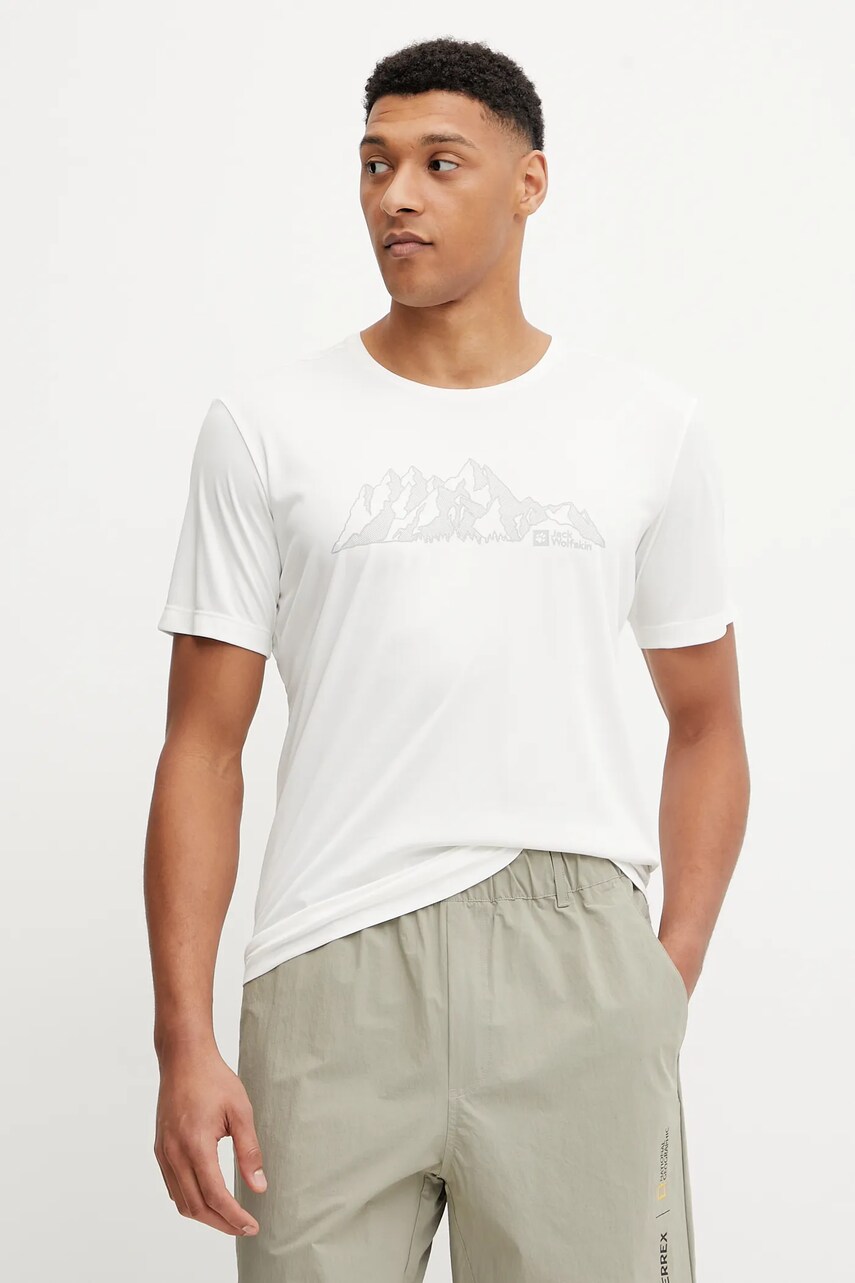 Jack Wolfskin tricou sport Peak Graphic culoarea bej, cu imprimeu, A63269