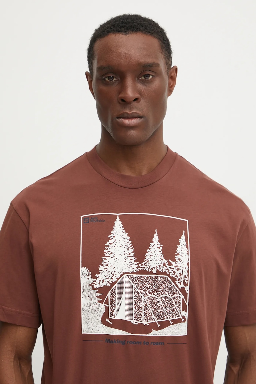 Jack Wolfskin tricou Freeroamer barbati, culoarea maro, cu imprimeu, A63860 Jack Wolfskin tricou Freeroamer barbati, culoarea maro, cu imprimeu, A63860
