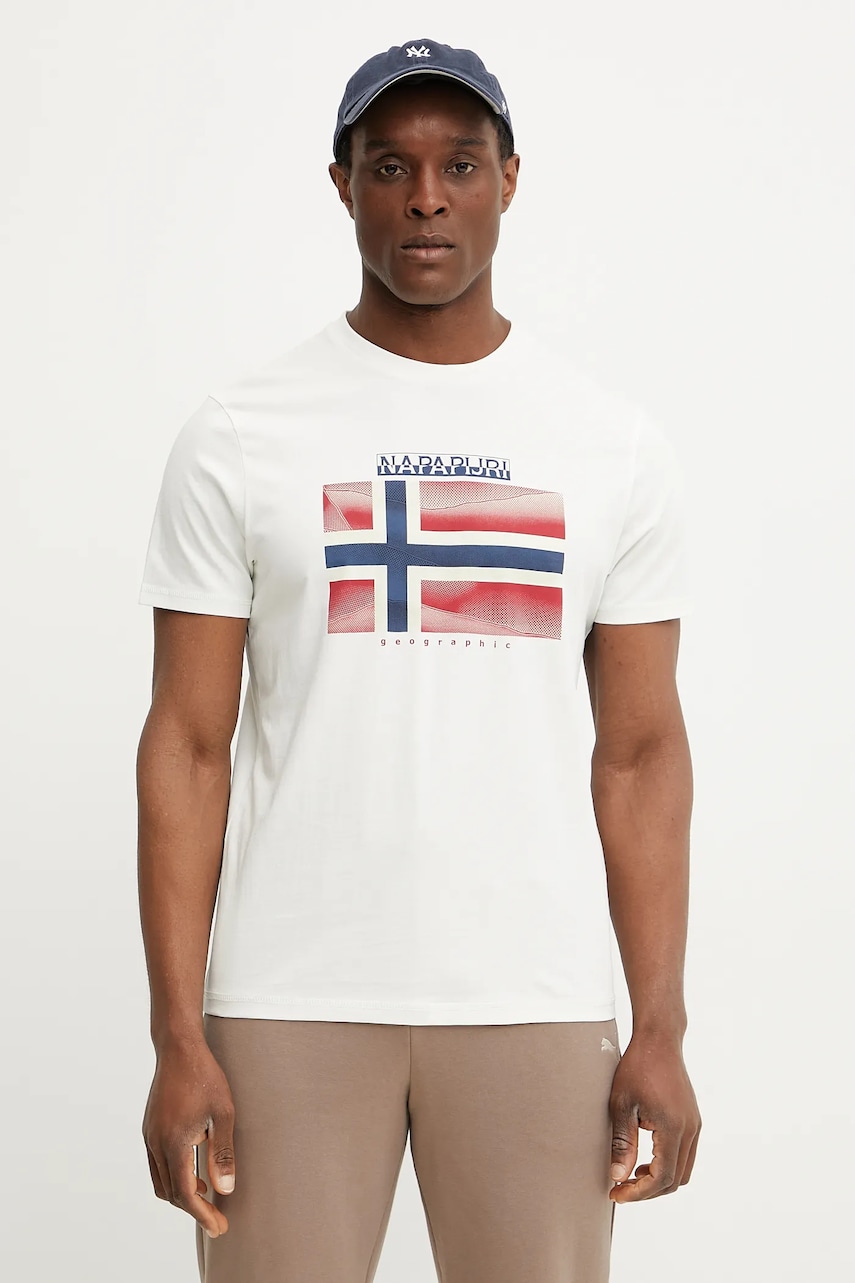 Napapijri tricou din bumbac S-Lari barbati, culoarea alb, cu imprimeu, NP0A4IE52061
