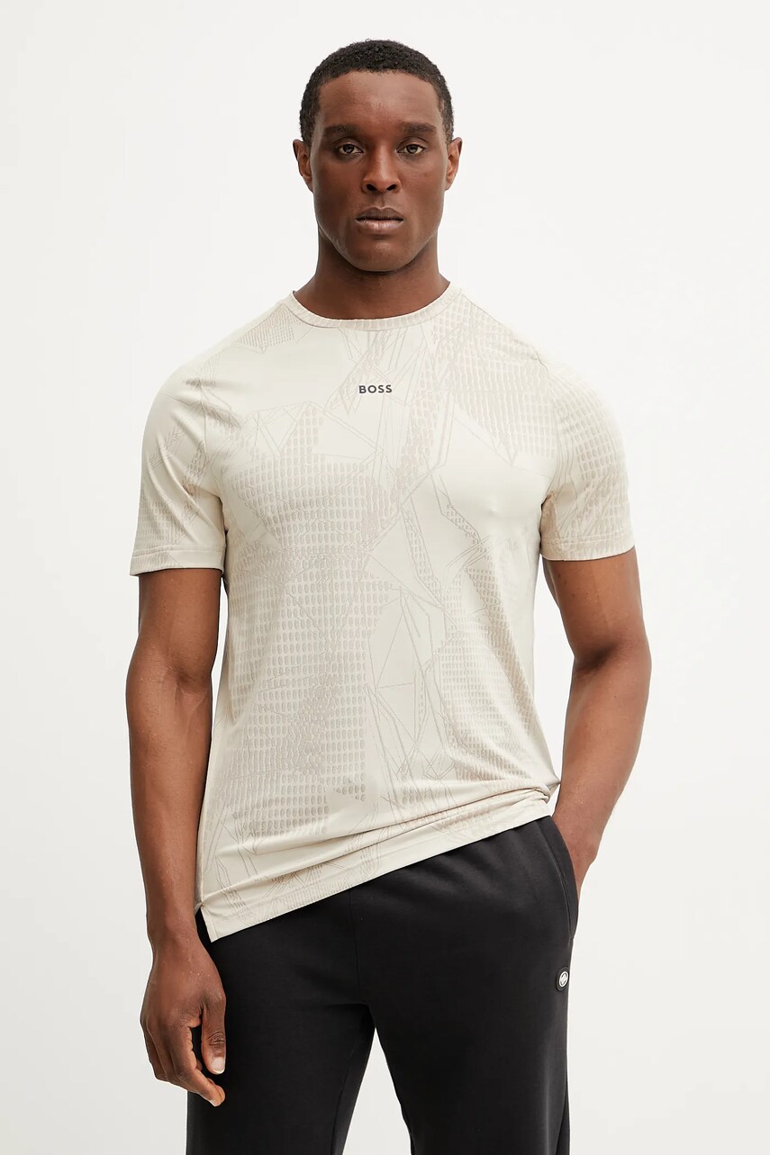BOSS Green tricou bărbați, culoarea bej, cu imprimeu, 50537755
