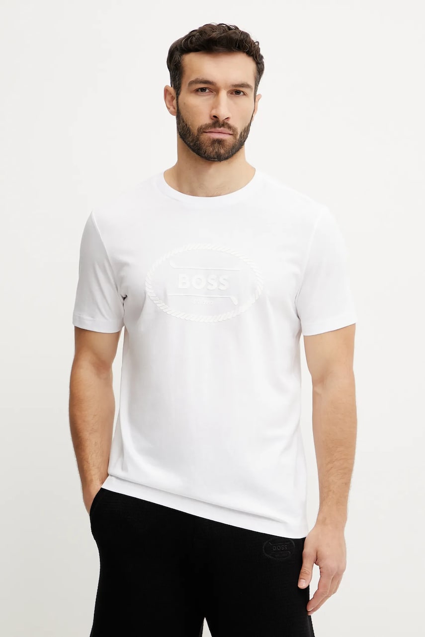 BOSS Green tricou din bumbac bărbați, culoarea alb, cu imprimeu, 50537825 BOSS Green tricou din bumbac bărbați, culoarea alb, cu imprimeu, 50537825