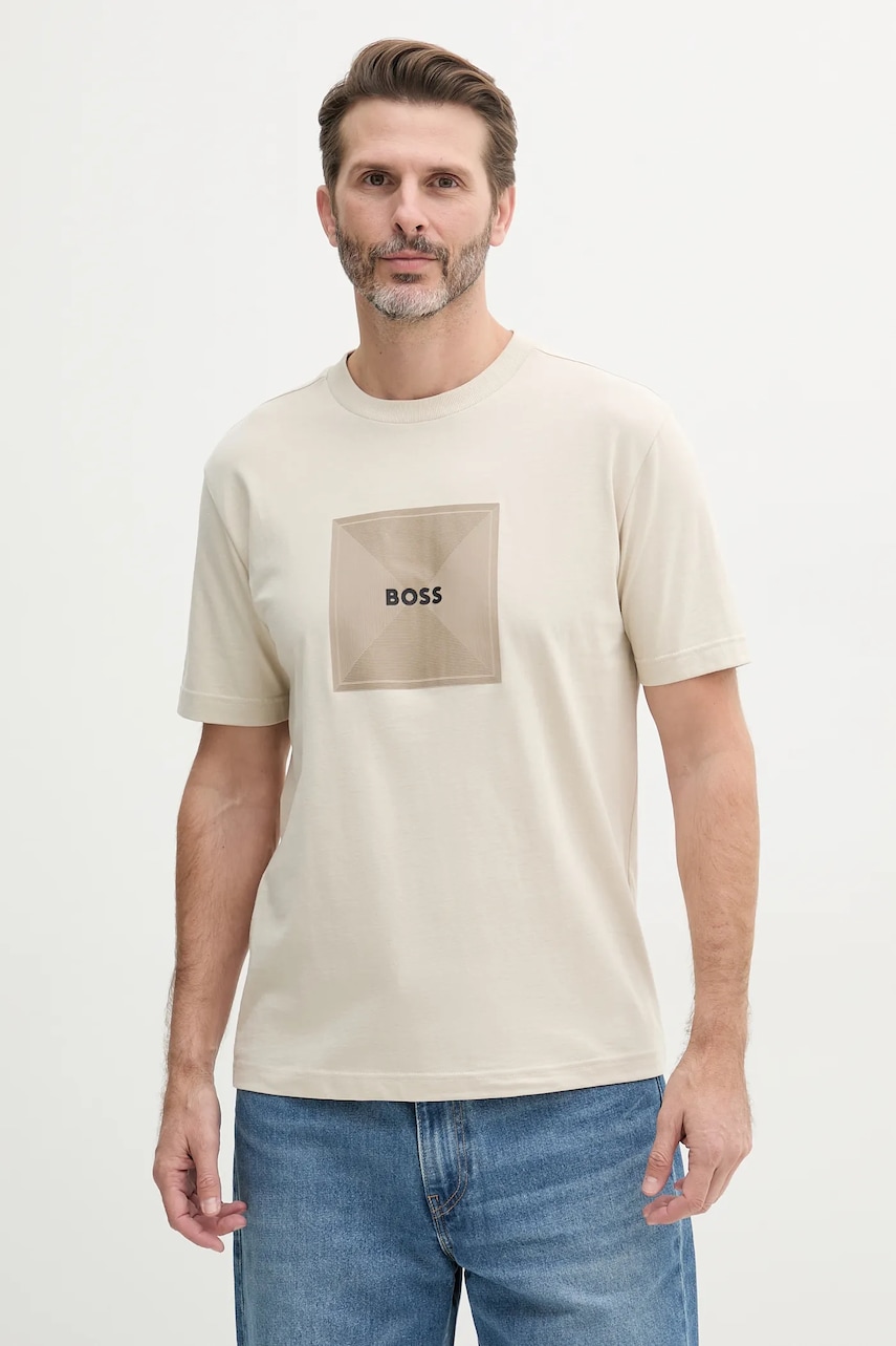 BOSS Green tricou din bumbac bărbați, culoarea bej, cu imprimeu, 50538096 BOSS Green tricou din bumbac bărbați, culoarea bej, cu imprimeu, 50538096