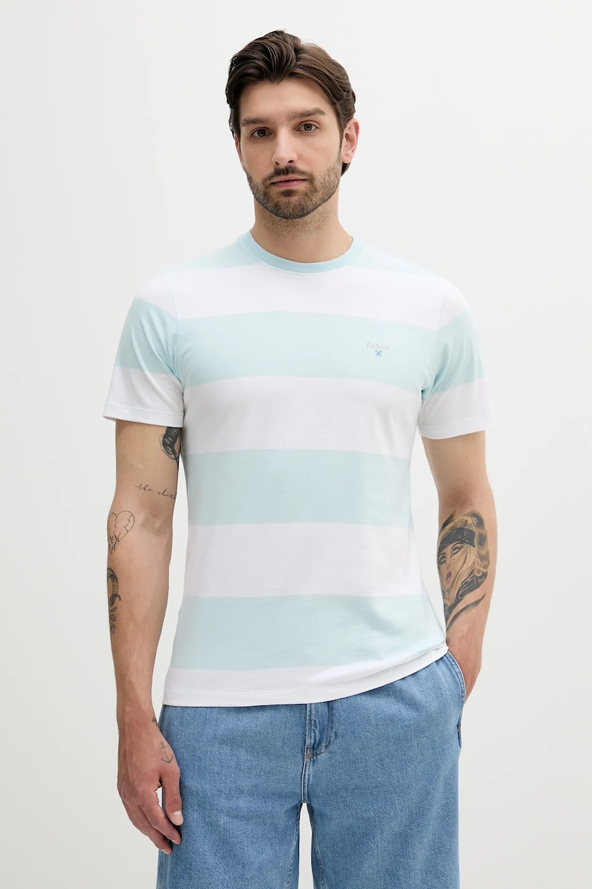 Levně Bavlněné tričko Barbour Whalton Stripe T-Shirt tyrkysová barva, MTS1255