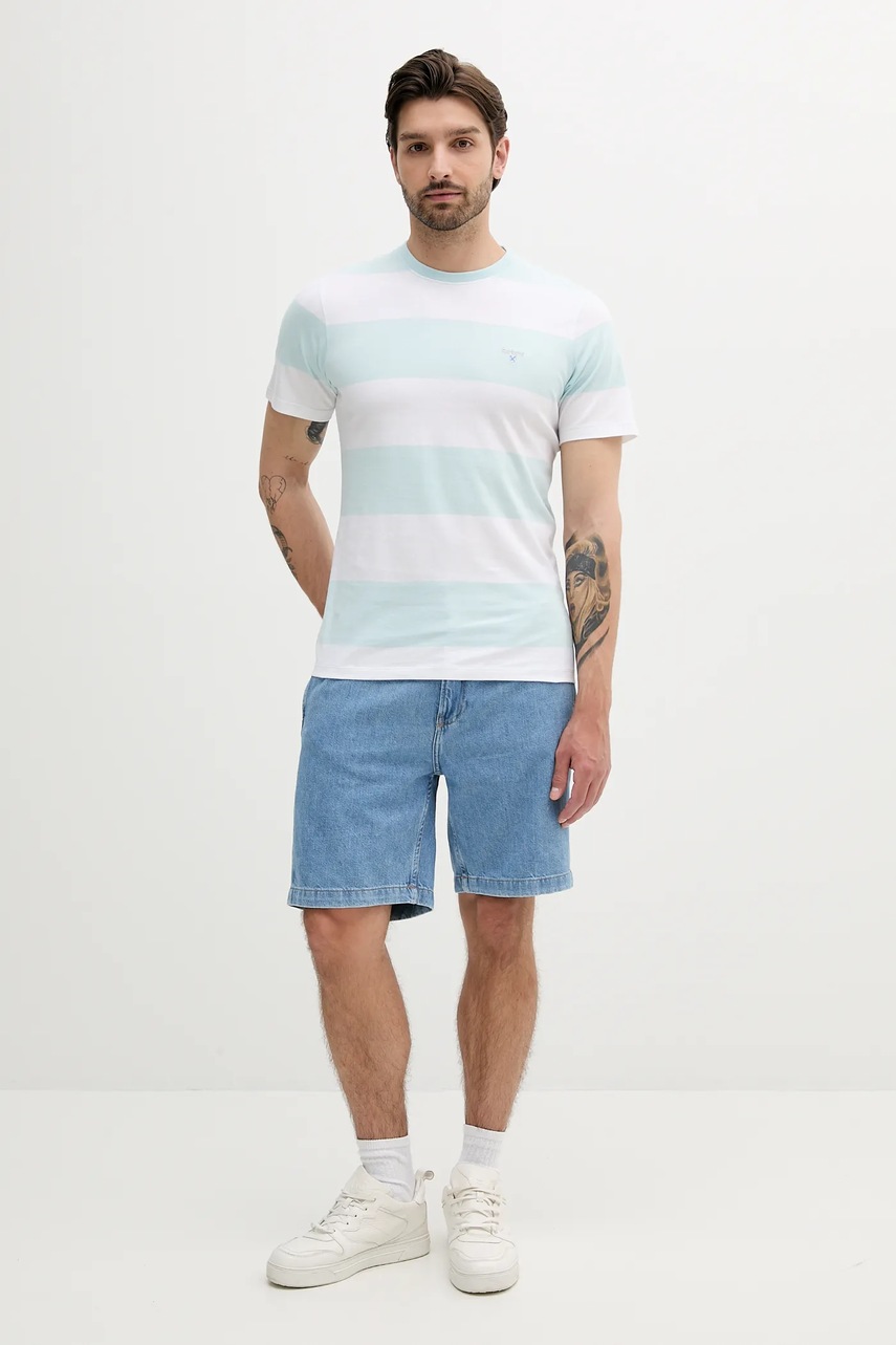 Хлопковая футболка Barbour Whalton Stripe T-Shirt мужской цвет бирюзовый узорный MTS1255 Хлопковая футболка Barbour Whalton Stripe T-Shirt мужской цвет бирюзовый узорный MTS1255