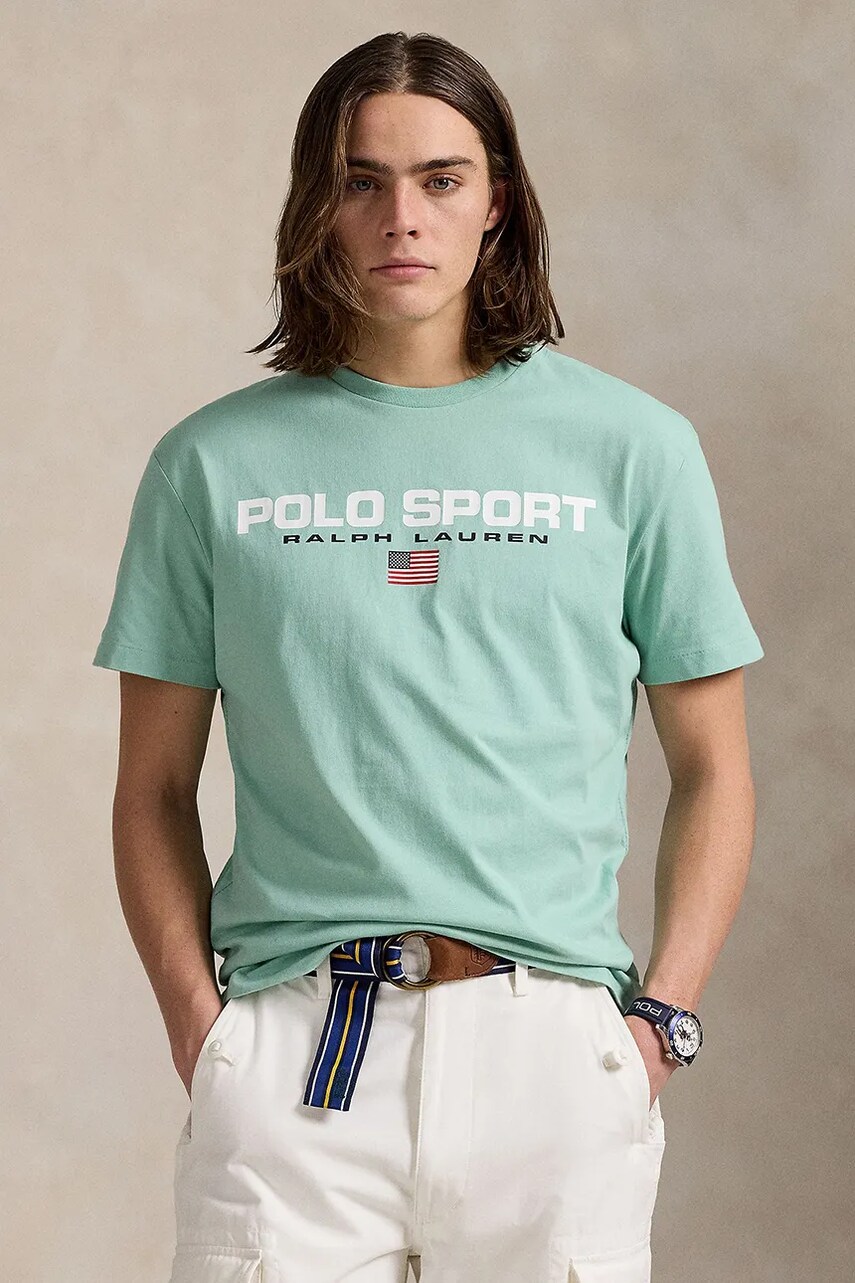 Levně Bavlněné tričko Polo Ralph Lauren pánské, modrá barva, s potiskem, 710880627