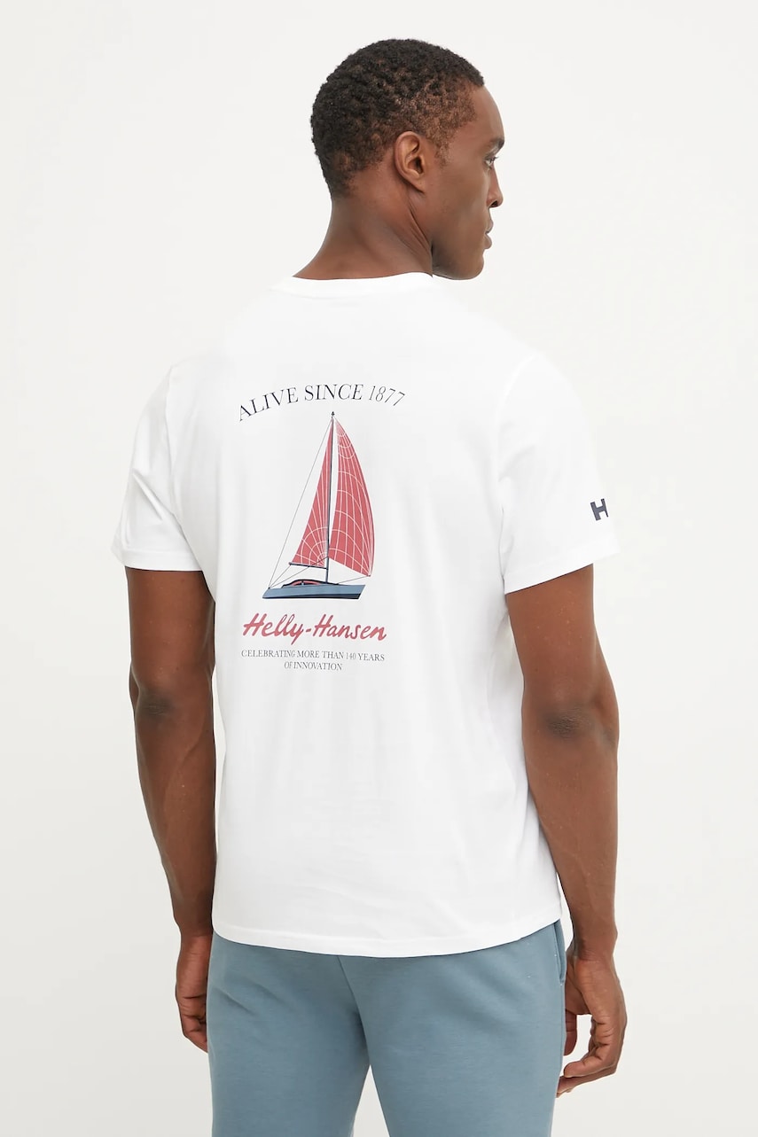 Helly Hansen tricou din bumbac SHORELINE bărbați, culoarea alb, cu imprimeu, 54601 Helly Hansen tricou din bumbac SHORELINE bărbați, culoarea alb, cu imprimeu, 54601