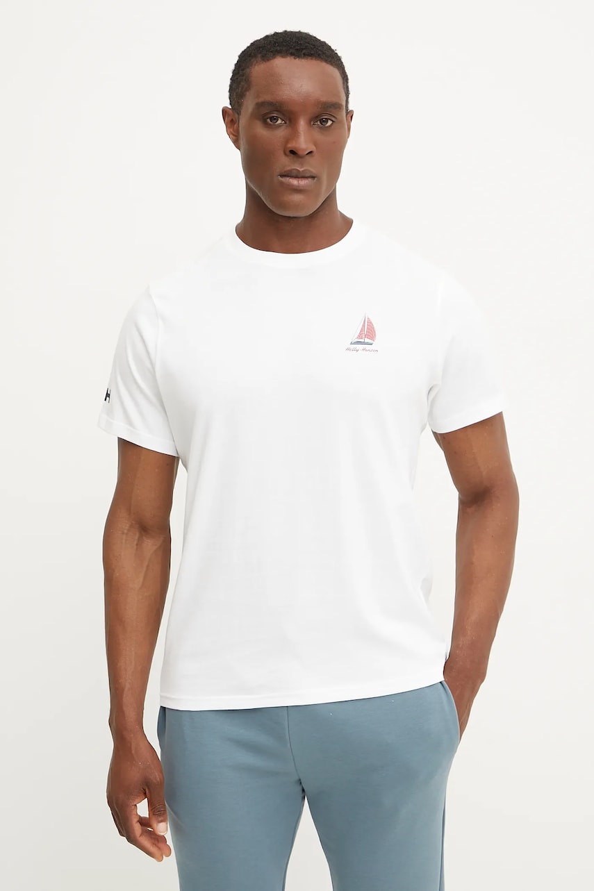 Хлопковая футболка Helly Hansen SHORELINE мужская цвет белый с принтом 54601 Хлопковая футболка Helly Hansen SHORELINE мужская цвет белый с принтом 54601
